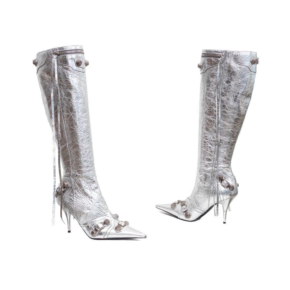 Balenciaga Cagole Knife Over-the-Knee Boots Silver Leather EU 36 US 6 UK 3